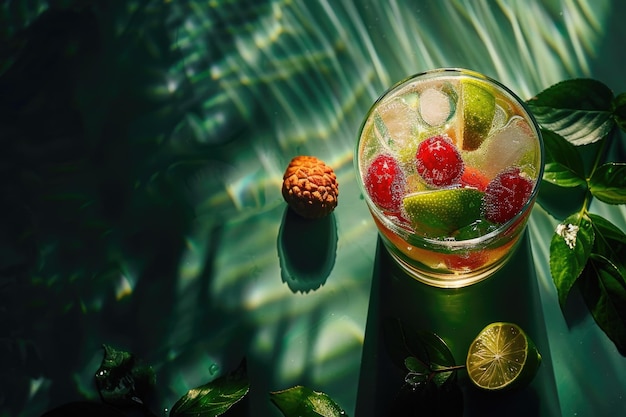 Photo lychee and lime drink with ice dark green backdrop bright lighting and shadows