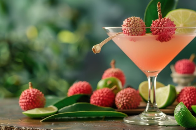 Photo lychee margarita with lychee fruit and lime served in a margarita glass asian market background