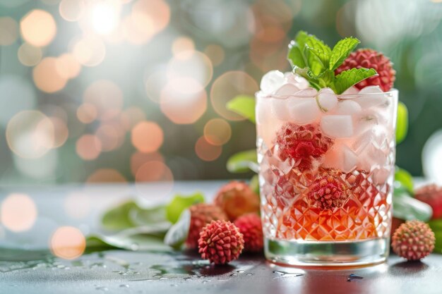 Photo lychee mojito with lychee fruit and mint served in a cocktail glass asian market background