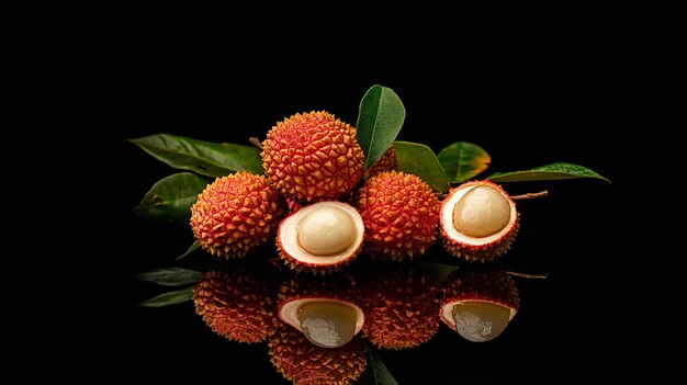 Photo lychees on table black background fresh ripe