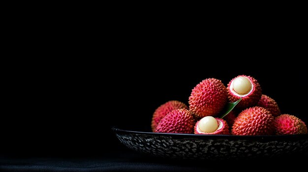 Photo lychees on table black background fresh ripe