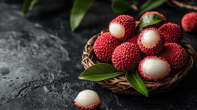 Lychees on Table Black Background Fresh Ripe