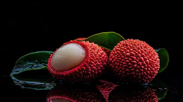 Lychees on Table Black Background Fresh Ripe