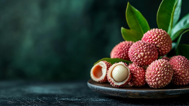 Photo lychees on table black background fresh ripe