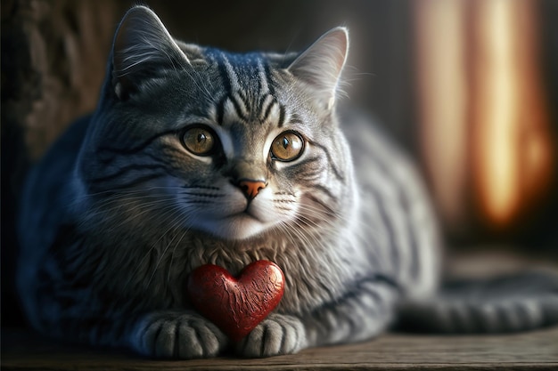 A lying cat with a red heart toy Valentines Day concept Generative AI