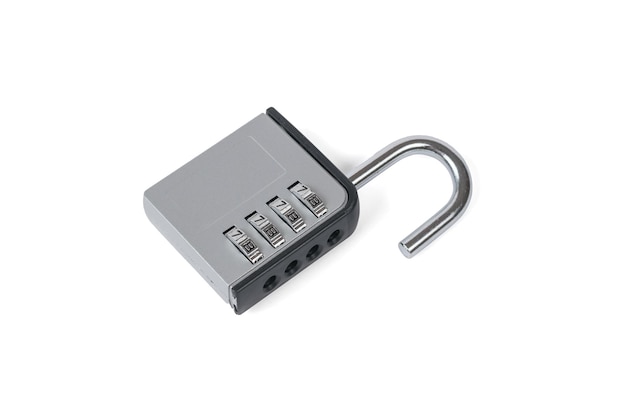 Lying open combination lock isolated on a white background. A device for protecting property.