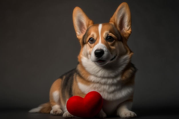 A lying welsh corgi dog with a red heart toy Valentines Day concept Generative AI