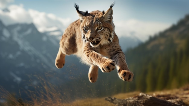 Lynx animal jumping field wallpaper image Generative AI