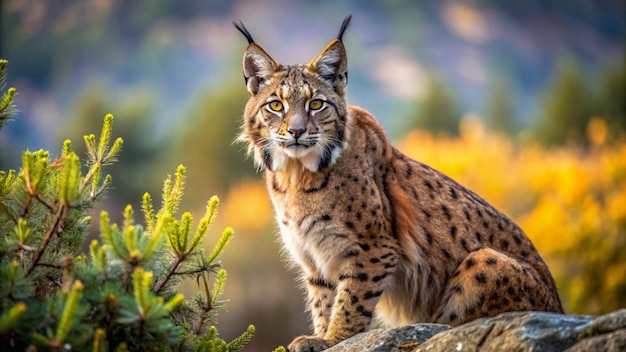 a lynx is on a rock with a mountain background