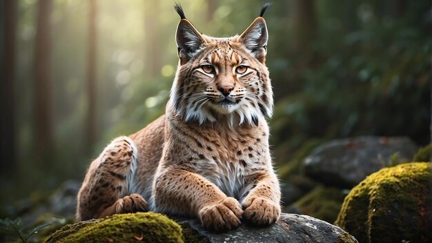 A lynx is sitting on a rock in the forest