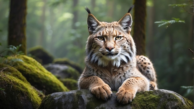 A lynx is sitting on a rock in the forest