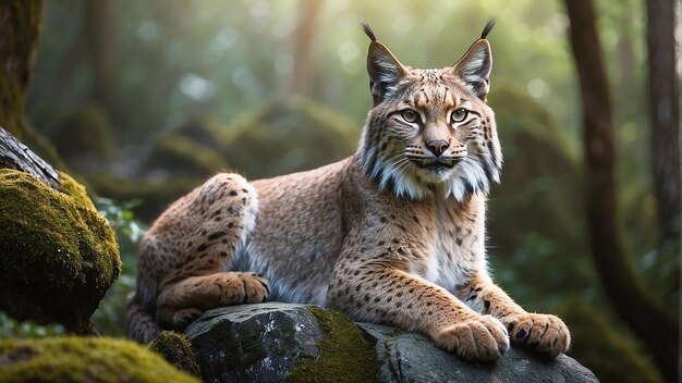 A lynx is sitting on a rock in the forest