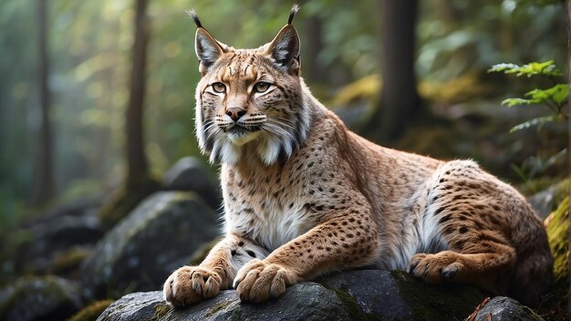 A lynx is sitting on a rock in the forest