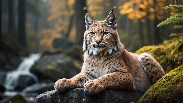 A lynx is sitting on a rock in the forest