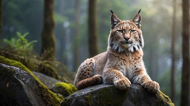 A lynx is sitting on a rock in the forest