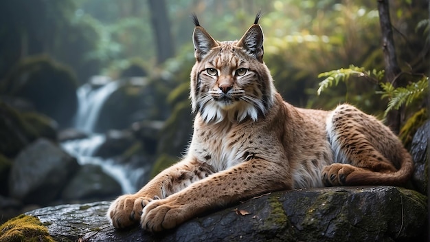 A lynx is sitting on a rock in the forest