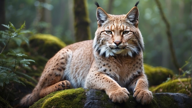 A lynx is sitting on a rock in the forest