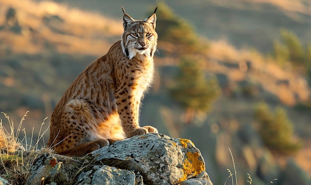 a lynx is sitting on a rock with a mountain background