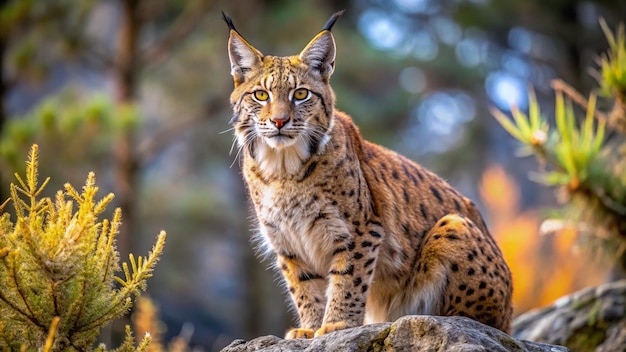 Photo a lynx is sitting on a rock with the name hyena on it