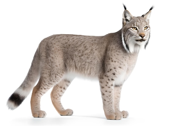 A lynx is standing on a white background.