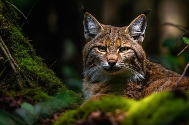 A lynx sits in a forest with moss and moss.