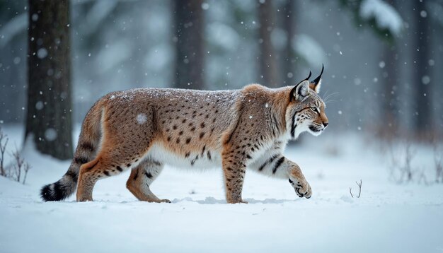 Lynx walking through snowy forest Wildcat with big paws and tufted ears in winter landscape