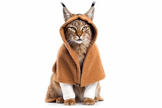 a lynx wearing a hoodie sitting on a white surface