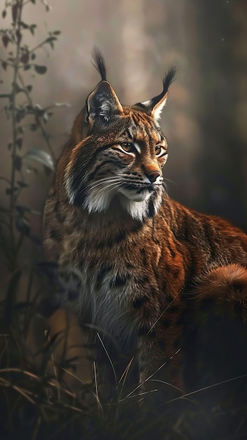 a lynx with a long neck sits in a field of tall grass