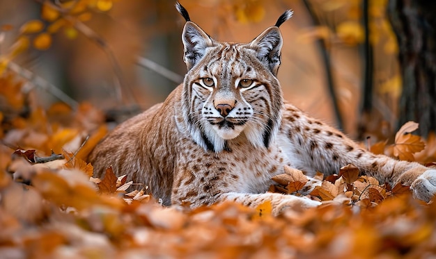 a lynx with a white muzzle is laying in the woods