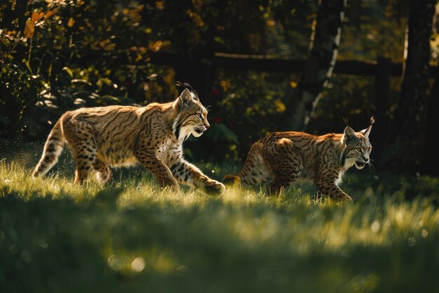 Photo lynxes running and playing in nature with vibrant colors