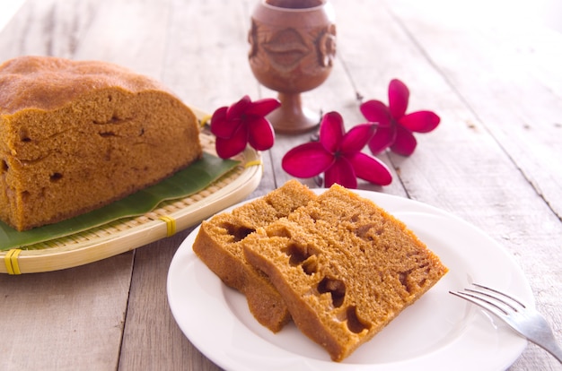 Ma Lai Gou-Traditional malaysia steamed cake on plate and banana leaf.