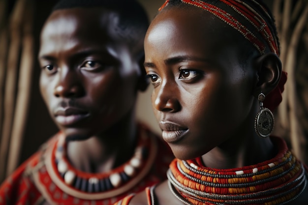 Maasai Indigenous Couple in Traditional Clothing from Kenya and Tanzania Generative AI illustration