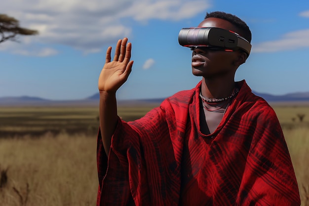 a maasai in a savannah wearing virtual reality headset