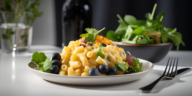 Mac and cheese on white plate served with greens and vegetables