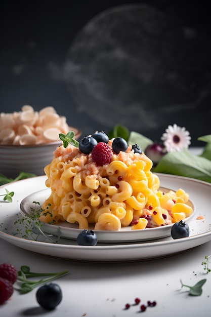 Mac and cheese on white plate served with greens and vegetables