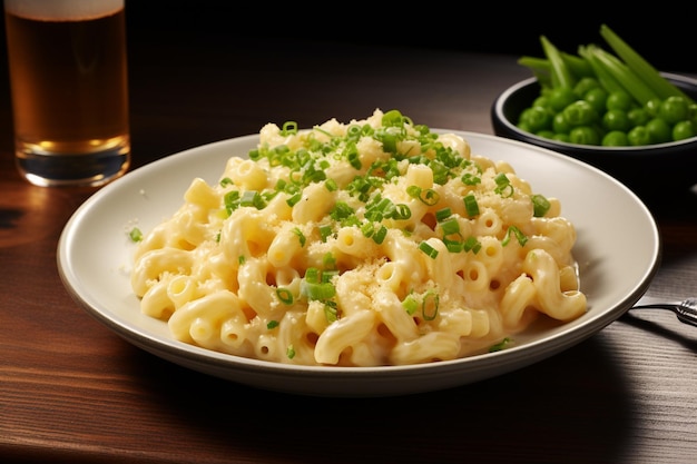 Mac and cheese with a garnish of sliced green onions