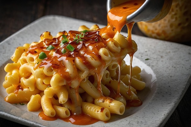 Mac and cheese with hot sauce drizzle realistic and hi