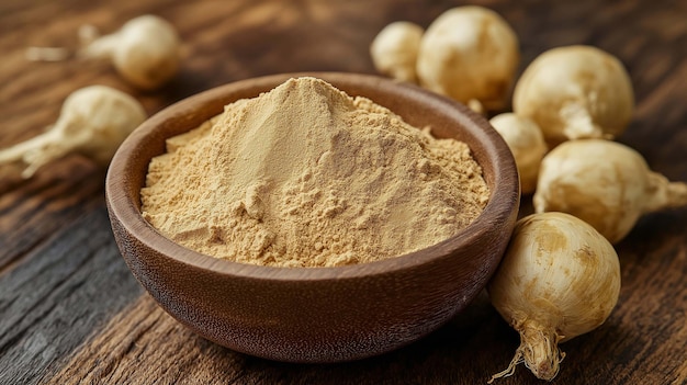 Photo maca root powder in a small wooden bowl with fresh maca roots arranged beside it