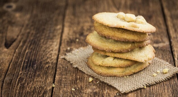 Macadamia Cookies fresh as detailed closeup shot selective focus