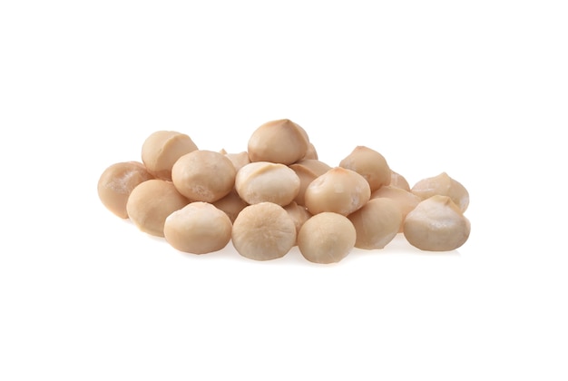 Macadamia nuts isolated on white background.