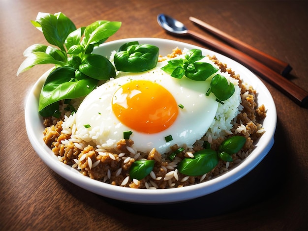 Macanese minced meat dish with potatoes and rice with a fried egg on top