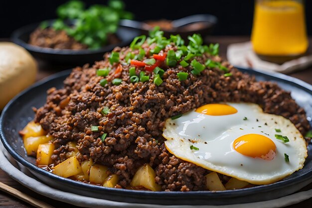 Macanese minced meat dish with potatoes and rice with a fried egg on top