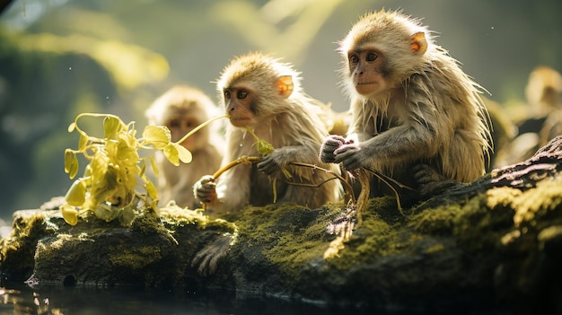 Macaque family sitting in tropical rainforest eating