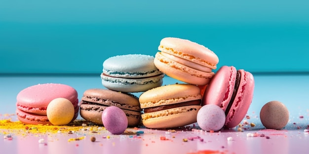 Macaron on a pastel background Banner Place for text High quality photo Generative AI