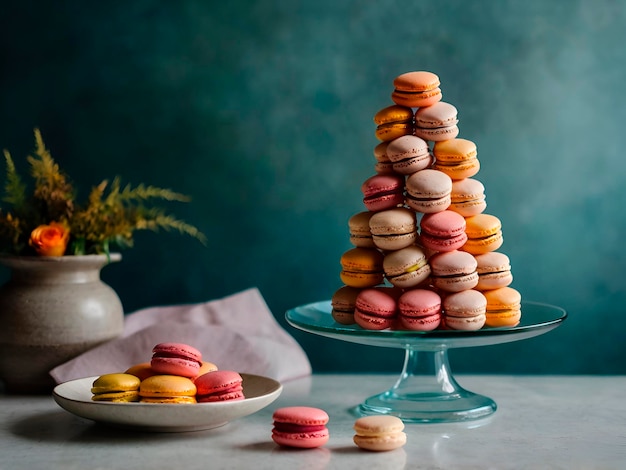 A macaron tower beautifully arranged on a vibrant clear glass stand