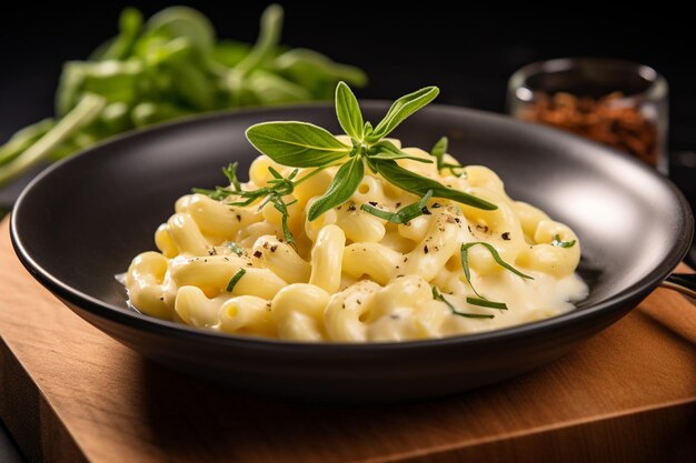 Photo macaroni and cheese with a fresh herb garnish