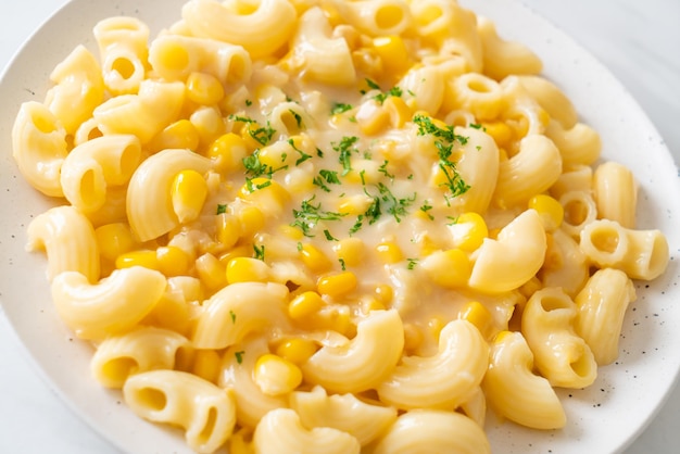 Macaroni creamy corn cheese on plate