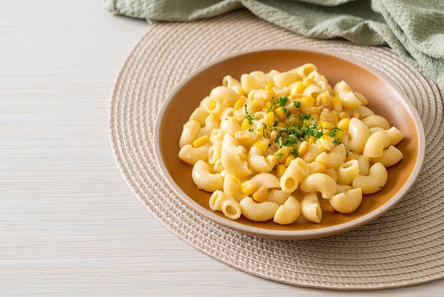 Macaroni creamy corn cheese on plate