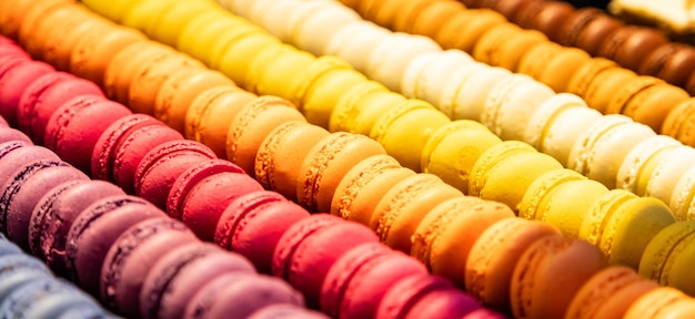 Macarons assortment background texture Store showcase close up view with details