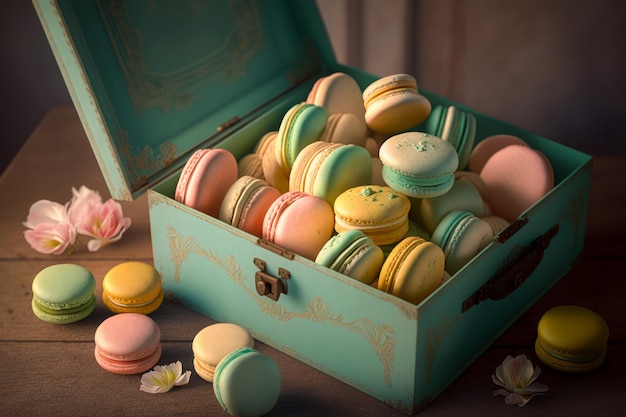 Macarons in blue box on wooden table Generative AI